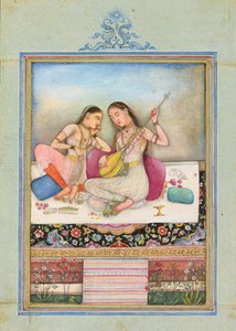 A girl playing the tambur while her companion listens by Indian School