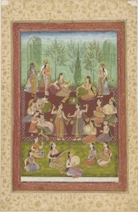 A group of women in a garden, entertaining themselves with music and dancing by Indian School