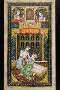 A man courts a woman in a luxurious setting, Rajasthani miniature painting by Indian School