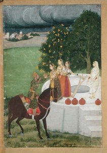 A mounted Prince receiving water from ladies at a well, miniature from Murshidabad, c.1760 by Indian School