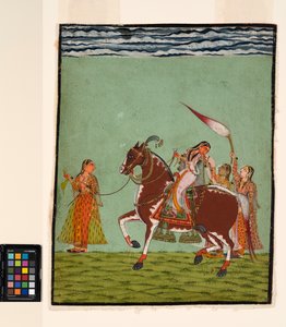 A woman on horseback with three attendants, c.1735
