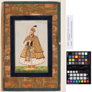 Abdullah Qutb Shah nimbate, in white jama with a gold coat and shawl by Indian School