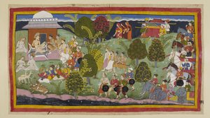 The two princes, the Brahmins and ministers approach the hermitage of Bharadwaja on foot, with the three queens at a distance over the horizon followed by their litters. The army with its elephants and chariots waits behind. On the l by Indian School