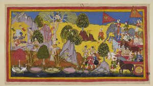 The tumult of the approaching army having alarmed Rama, he tells Laksmana to climb up a tree to find out what is causing the din by Indian School
