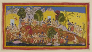 At the top in the centre, Bharata and Shatrughna throw themselves at the feet of Rama, who embraces his younger brothers and smells their heads by Indian School