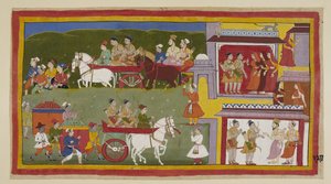 The procession returns to Ayodhya, along the bottom of the painting, the sorrowful and deserted city being the haunt of cats and owls. Bharata and Shatrughna take their leave of the queens and tell Vasistha that they will retire to N