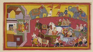 The chariots of Vasistha and the princes, attended by various ministers and people, enter the town of Nandigrama