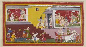 On the Right, Dasaratha Again Tells Rama He Will Make Him King, with Vasistha, Laksmana, Another Brahmin and Ministers in Attendance. Rama and Laksmana Then Leave the King to Call on Kausalya on the Left, Who, Dressed in White, is Wor