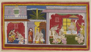 In the throne room at Ayodhya, King Dasaratha is seated with his four sons, his minister Sumantra and his chief priest Vasistha. Yudhajit, Queen Kaikeyi