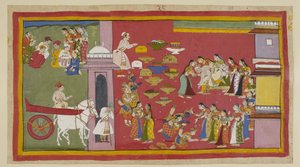 On the right, seeing his sons and Sita clad in robes of bark, Dasaratha loses consciousness and falls from the throne