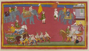 The two princes and their uncle have dismounted from their chariots and advance from the left to greet the king. He comes out of the palace on the right in his chariot and bends down to greet them lovingly. Elephants are in the backgrou by Indian School