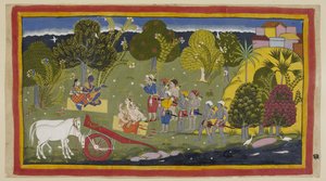 The companions have reached the river Ganga at Srngaverapura. Rama and Sita are seated on a mat of straw under a tree, meant to be an Ingudi tree, while Laksmana and Sumantra are similarly seated facing them by Indian School
