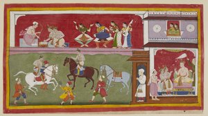 On the right in the palace, the princes ask the king for teachers of religion, arts and sciences, while above two ladies at a carpeted jharokha window look down on them on the left as they practise horsemanship on the exercise ground
