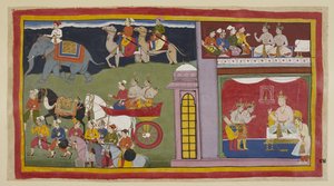 The messengers, in an upper chamber, tell the princes to return to Ayodhya. Below in the throne-room, dressed for the journey, the princes say their farewells to King Kaikeyi and his son Yudhajit