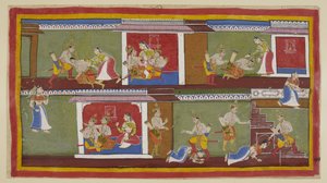 At the top on the right, Bharata and Shatrughna greet Kaikeyi, who takes them on her lap, and they converse about recent happenings
