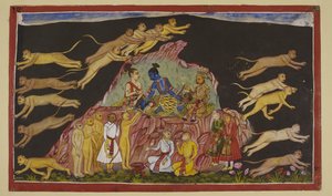 Rama, Laksmana and Sugriva are seated on a rocky eminence. Sugriva divides his vast forces into four and sends them out to search the four quarters for Sita. To each troop leader he describes the terrain that they will be encountering