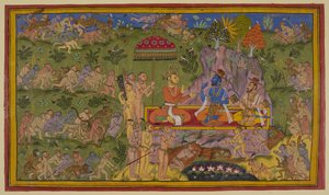 The monkey forces have scoured the northern, eastern and western regions in vain and return to tell Sugriva and Rama of their disappointment. Sugriva Sita on a rug under a royal umbrella and is offering pan (betel-chews) to the two brothers