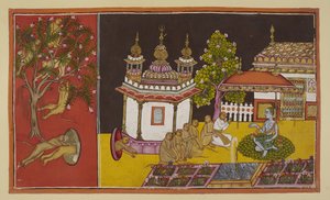 Still desperately searching for Sita in the mountainous wilderness, the monkeys find the entrance to an enticing cave. On the left, in a separate panel, the monkeys cavort in a flowering tree outside the small entrance to the cave by Indian School