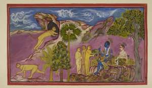 Sugriva tells Rama that he has seen Sita being carried aloft in a chariot by Ravana, struggling and calling out the names of Rama and Laksmana. On seeing him below, she let fall her jewels and an upper garment. Sugriva runs to a cave in by Indian School