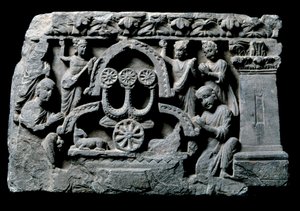 Art of Gandhara: Buddha in prayer, the miracle of Sravasti. Relief of the Gandhara School - 2nd to 4th century - Indian Museum, Calcutta India by Indian School