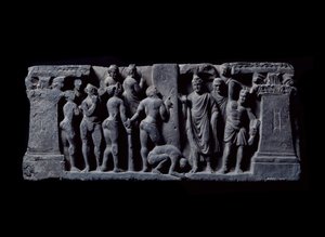 Art of Gandhara: Devadatta archers attack Gautama Buddha. Relief of the Gandhara School - 2nd to 4th century - Indian Museum, Calcutta, India by Indian School