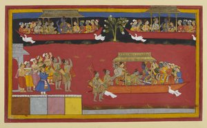 Bharata and Shatrughna greet Rama and Sita as the Pushpaka departs by Indian School