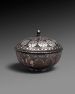 Bowl and cover of metal alloy inlaid with silver, each with a band of naturalistic flowers by Indian School