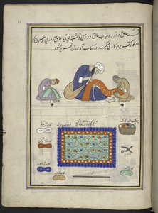 Craftsmen embroidering felt rugs (namda), 86 drawings bound into a volume depicting trades and occupations in Kashmir, Craftsmen are shown at work with their implements and equipment, By a Kashmir artist, probably at Srinagar by Indian School