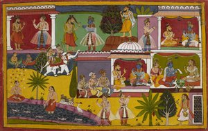 Durvasa and Death Visit Rama, Then Lakshmana Meditates by the Sarayu and is Taken to Heaven by Indra by Indian School