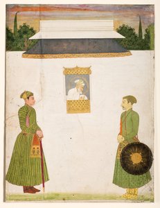 Emperor Aurangzeb at a jharokha window, two noblemen in the foreground, c.1710 by Indian School