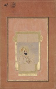 Farrukh Siyyar seated at a window, holding a gold sarpech by Indian School