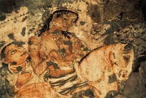 Figure of a woman on the back of a horse, Mural painting in the Ajanta caves (number 1), Gupta period, 5th-6th century by Indian School