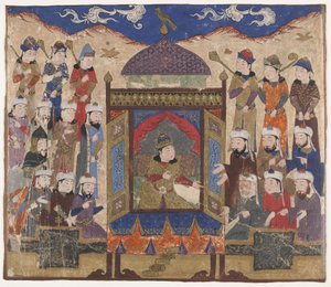 Folio from a Shahnama (Book of Kings) by Firdawsi; Kay Khusraw Parwez Seated on the Takht-i Taqdis, Possibly India, c.1425-50 by Indian School