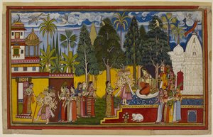 From a Shingshapa tree, Hanuman observes Sita surrounded by female titans as Ravana arrives, begging her to marry him by Indian School