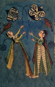Girls Flying Kites, Kulu Folk Painting, Himachal Pradesh