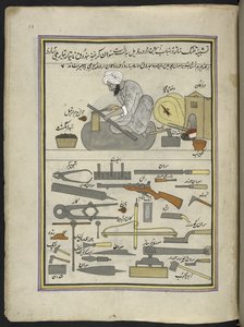 Gunsmith, 86 drawings bound into a volume depicting trades and occupations in Kashmir, Craftsmen are shown at work with their implements and equipment, by a Kashmir artist, probably at Srinagar, c.1850-60 by Indian School