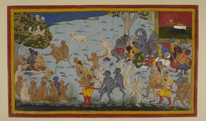 Hanumān and Vibhīṣaṇa Bring Wounded Lakṣmaṇa to Rāma, Who Heals Him by Indian School