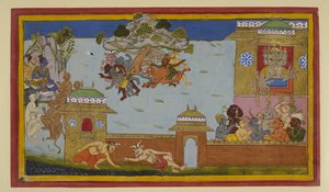Hanuman fends off demons; Rama and Ravana watch by Indian School