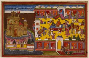 Hanuman Observes the Main Square of Lanka from the Bazaar Roof, Then Moves to the Summit of Ravana