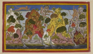 Hanuman retrieves the medicinal mountain peak from the Himalayas by Indian School