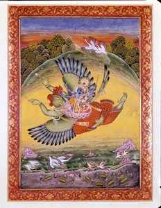 Hinduism: representation of the bird Garuda carrying Vishnu, a great Hindu deity, and his wife Lakhmi by Indian School