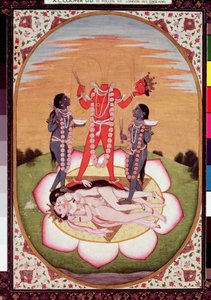 Icon of Chinnamasta, the Mahavidya arising from the joined bodies of the Originating Couple, Kangra, c.1800 by Indian School