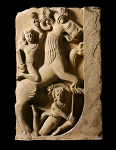 Indian Art: Griffon with two warriors. Gupta Dynasty (320-600 AD) From Sarnath.