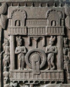 Indian art, Hinduism: low relief representing the last visit of King Prasenjit II to Gautama Buddha. 2nd century BC. Kolkata, Indian Museum by Indian School