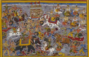Indra battles Ravana, who rides the Pushpaka chariot, from his elephant Airavata by Indian School