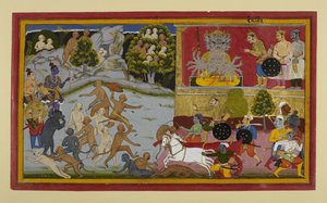 Indrajit attacks invisibly as monkeys and Rama prepare by Indian School