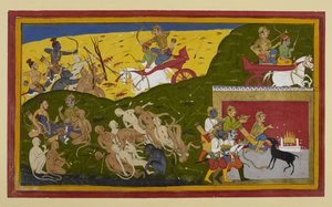 Indrajit fights while Rama grieves Sita’s death, comforted by Lakshmana and Vibhishana by Indian School