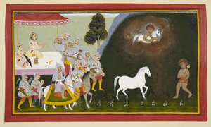 King Sagara performs the Ashvamedha sacrifice, and Vasava steals the horse by Indian School