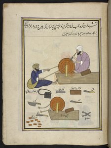 Knife-grinders, 86 drawings bound into a volume depicting trades and occupations in Kashmir, Craftsmen are shown at work with their implements and equipment, by a Kashmir artist, probably at Srinagar, c.1850-60 by Indian School