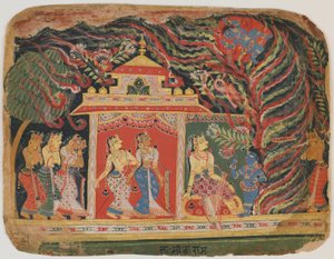 Krishna carried off by the Whirlwind Demon, from a Bhagavata Purana. c.1520-30 by Indian School